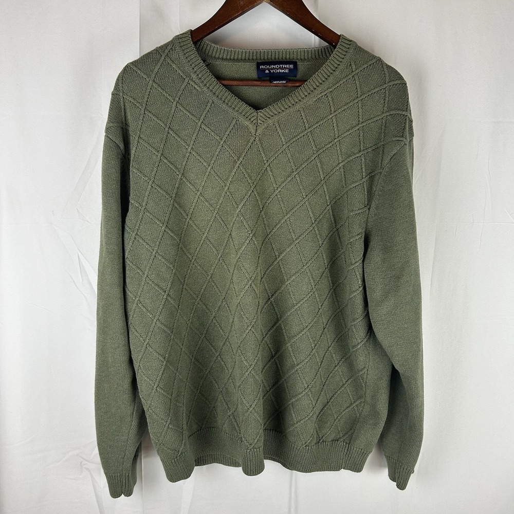 Roundtree & Yorke Mens Green Diamond V Neck Long Sleeve Cotton Sweater XL